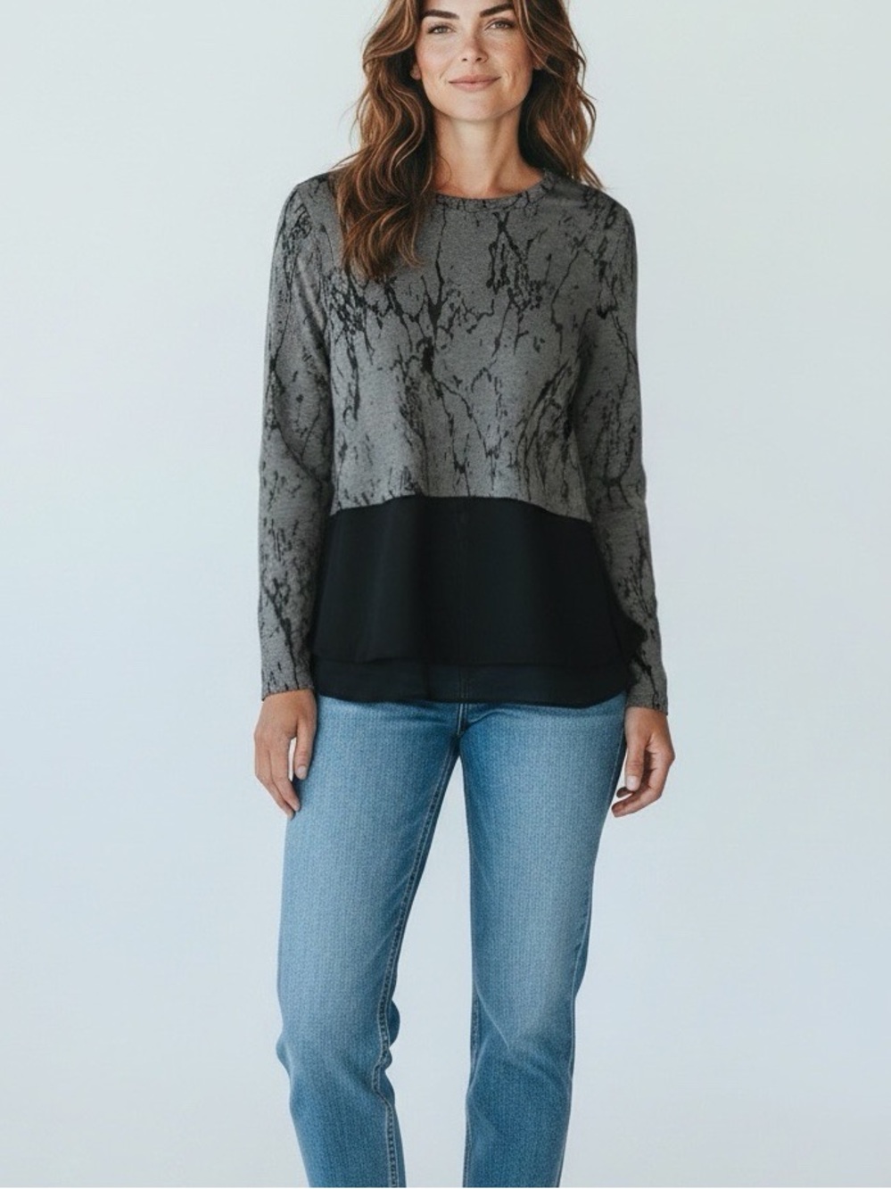 Karen Kane Gray Marbled Knit Long Sleeve with Black Layered Hem